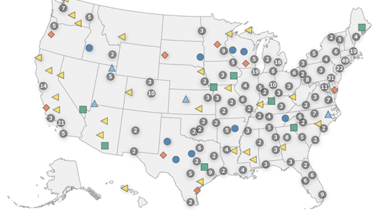 A map of the United States with dots, squares and triangles showing the locations of undergraduate artificial intelligence programs