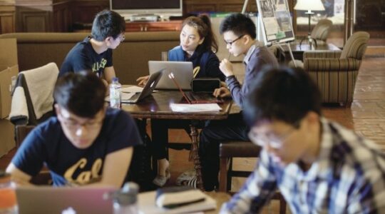 Students study in a library