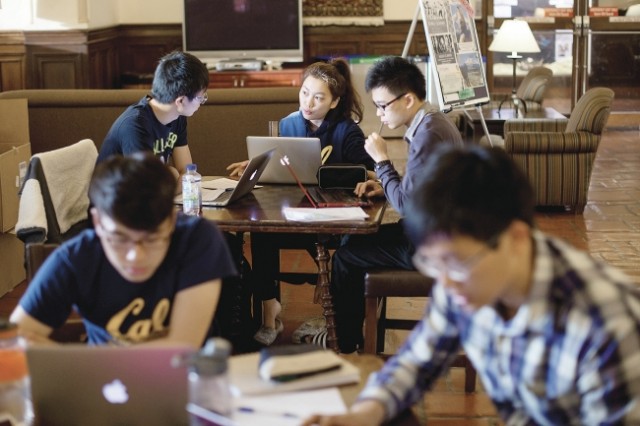 Students study in a library