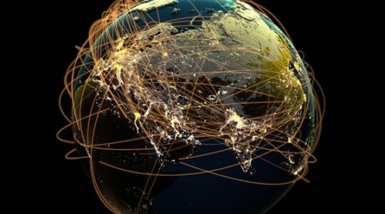 a graphic showing the earth surrounded by network connections