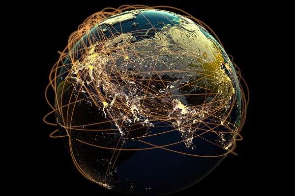 a graphic showing the earth surrounded by network connections