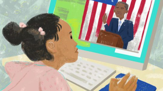 a drawing showing a student watching President Obama on a computer screen