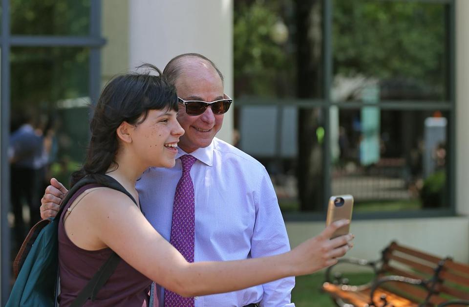 CCIS Freshman Vanessa Gregorchik snapped a selfie with Northeastern University president Joseph Aoun as he greeted students on the opening day of classes last week.