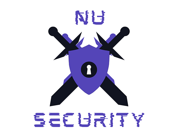 A logo showing the words NU Security around an interlocked set of swords behind a shield with a keyhole in the center