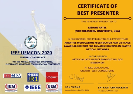 a certificate awarding Kishan Patel as best presenter at IEEE UEMCON 2020