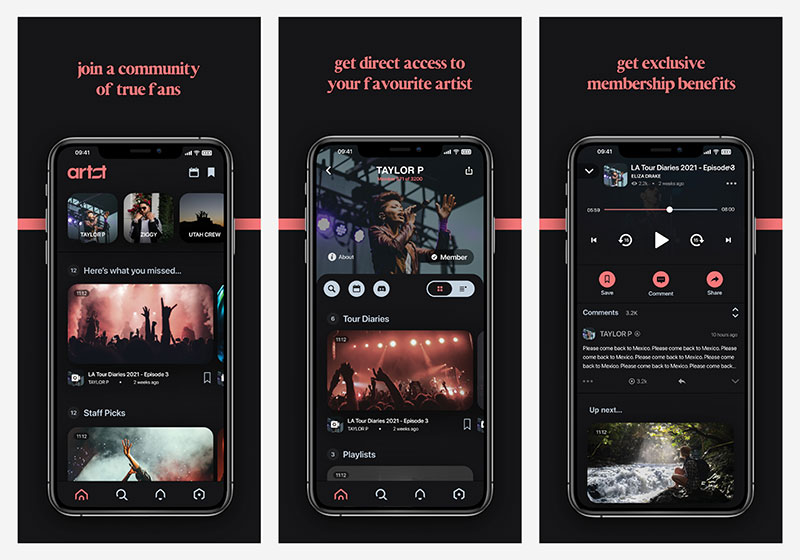 Screenshots (2021) of artst, membership platform for musical artists