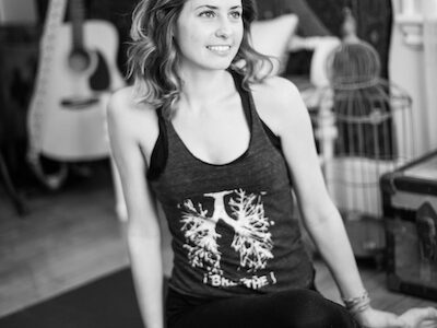Amorette Farkas on a yoga mat