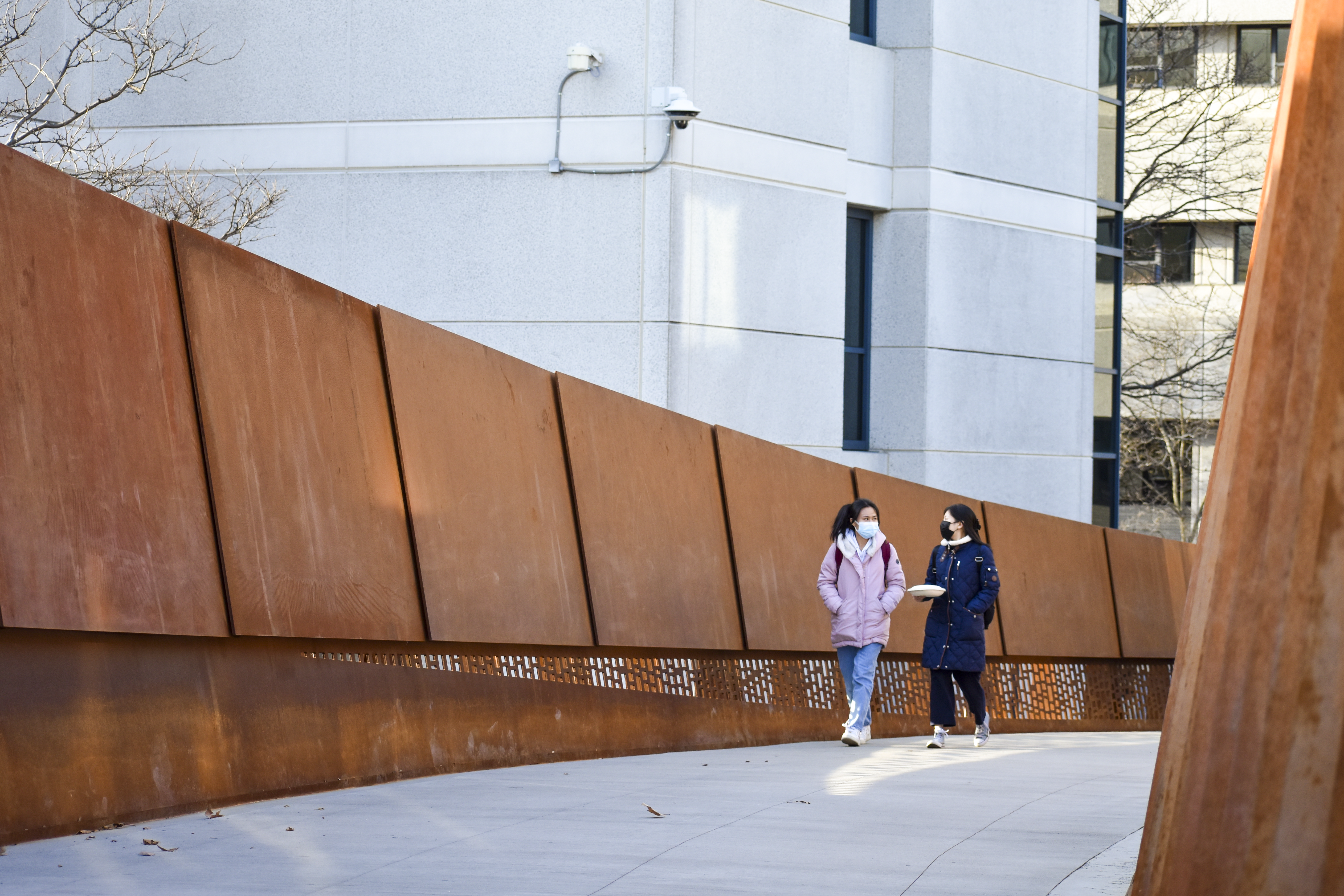 two students walking on a bridge