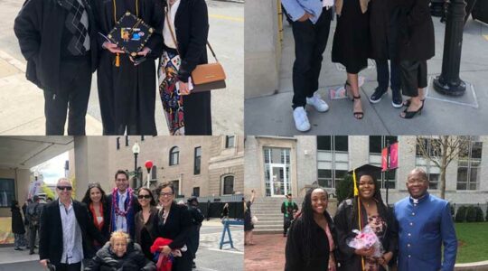 A collage of four graduate photos that show graduates posing with family and friends