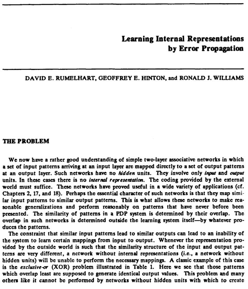 The first page of "Learning Internal Representations by Error Propagation"