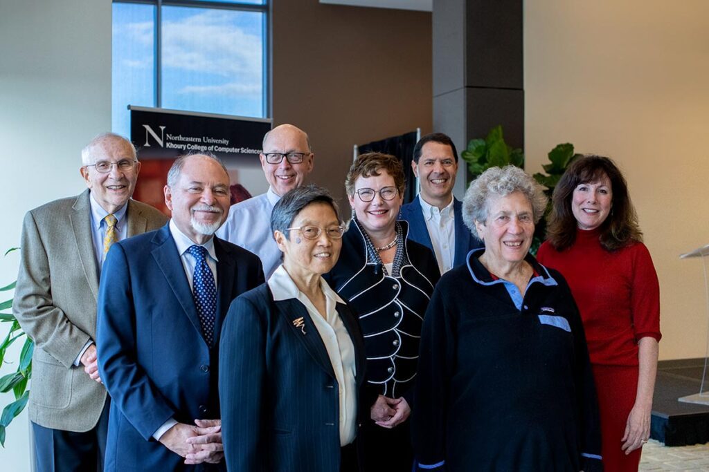 Khoury leadership past and present, from left to right: Larry Finkelstein, Mitch Wand, Richard Rasala, Agnes Chan, Elizabeth Mynatt, Javed Aslam, Betty Salzberg, and Carla Brodley. Photo by Miles Chun