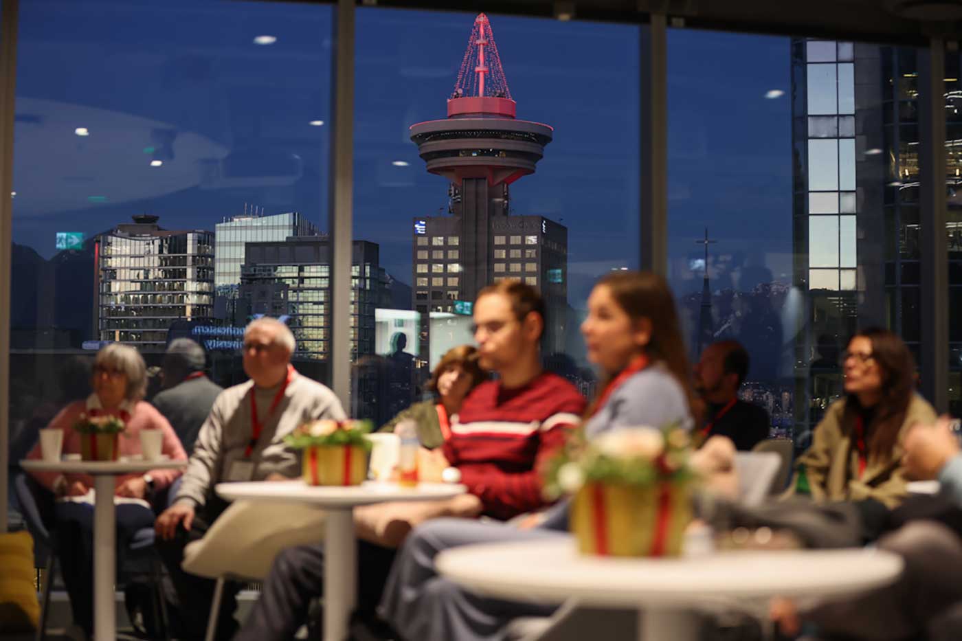 The Vancouver skyline glows at dusk on the evening of the 40th Anniversary Celebration.