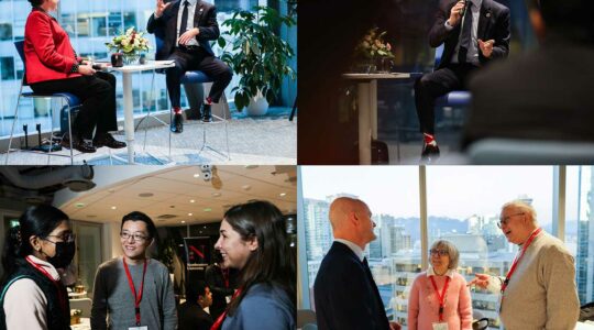 A collection of photos from the fireside chat, including photos of Elizabeth Mynatt talking to Steve Eccles, students chatting about research projects, and Northeastern staff talking.