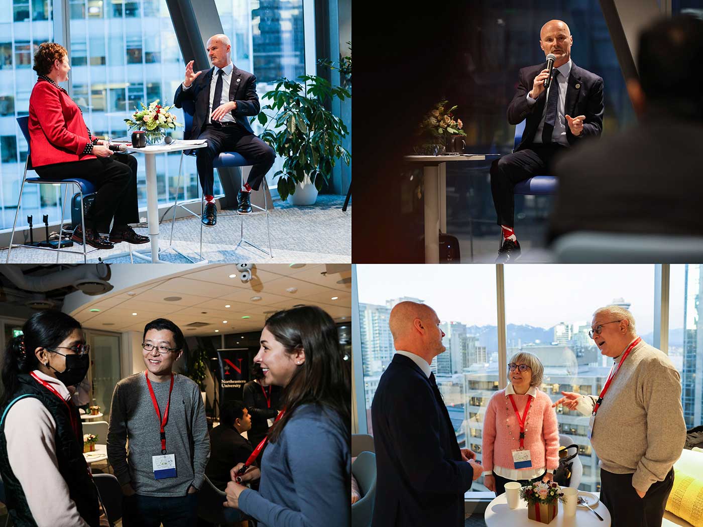 A collection of photos from the fireside chat, including photos of Elizabeth Mynatt talking to Steve Eccles, students chatting about research projects, and Northeastern staff talking.