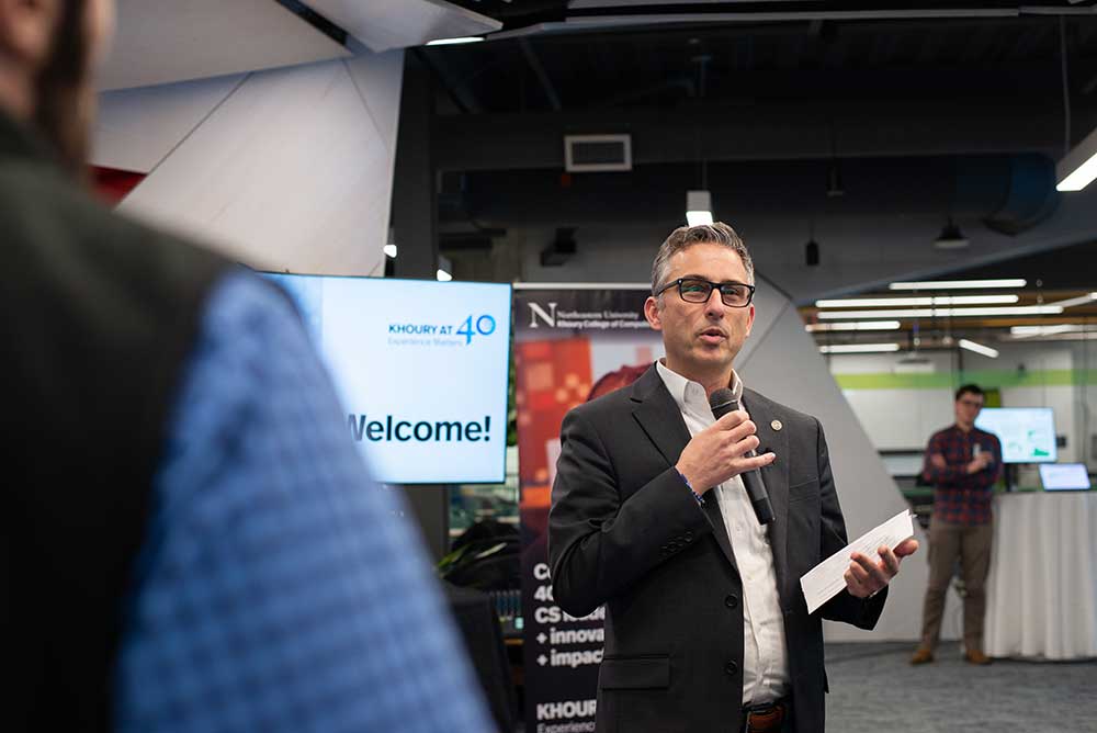 Michael Pollastri, Senior Vice Provost for Portland and Academic Lead, speaks to the audience at the 40th Anniversary Celebration at the Roux Institute in Portland, ME.