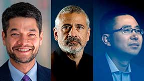 From left, Northeastern professors Kevin Fu, Alessandro Vespignani, Yun (Raymond) Fu