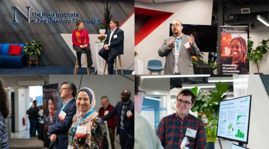 Four photos from the 40th celebration in Portland. Counterclockwise from top left: Dean Beth Mynatt speaks with Chris Mallett, the Roux's chief administrative officer; Alan Jamieson speaks to the audience; A Khoury faculty member watches a presentation; a Roux student presents a research project.