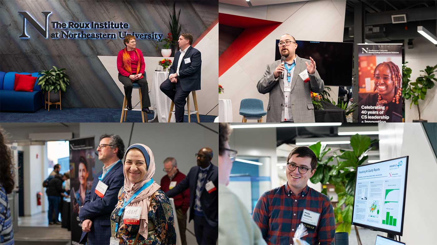 Four photos from the 40th celebration in Portland. Counterclockwise from top left: Dean Beth Mynatt speaks with Chris Mallett, the Roux's chief administrative officer; Alan Jamieson speaks to the audience; A Khoury faculty member watches a presentation; a Roux student presents a research project.