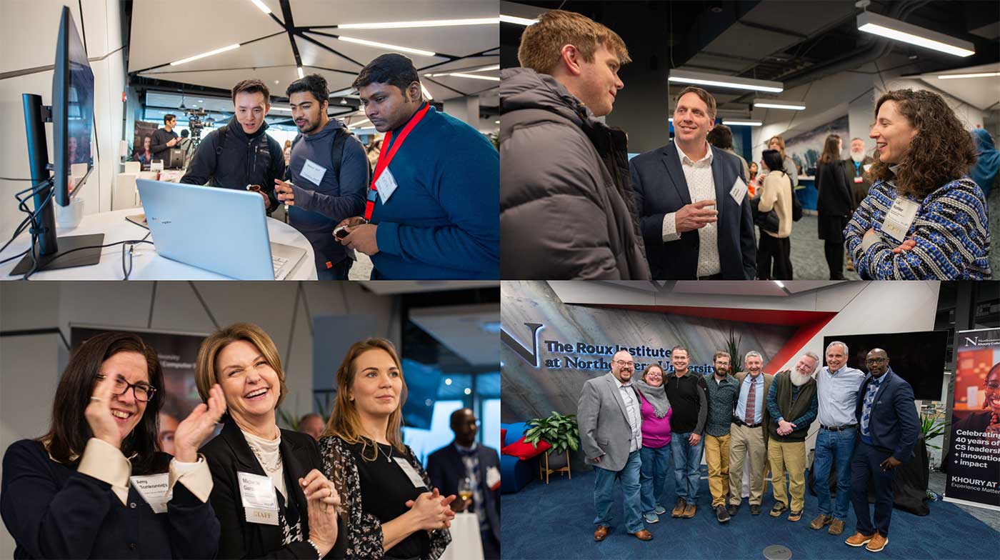 Four photos from the 40th celebration in Portland. Counterclockwise from top left: Three students view a research project on a laptop, Chris Mallett speaks with two guests, three audience members applaud, several Khoury staff and faculty at the Roux Institute