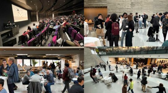 A collage of photos showing people viewing the keynote address and speaking in an atrium from New England Database Day