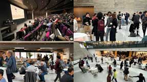 A collage of photos showing people viewing the keynote address and speaking in an atrium from New England Database Day