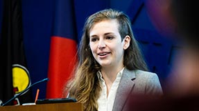 Northeastern graduate Molly White gives a lecture on blockchains and digital ethics in the Cabral Center on the Boston campus. Photo by Alyssa Stone/Northeastern University