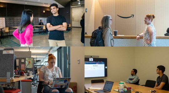A collage of photos at Amazon Web Services showing two Align students talking, two employees walking in the lobby, and employees working in shared workspaces