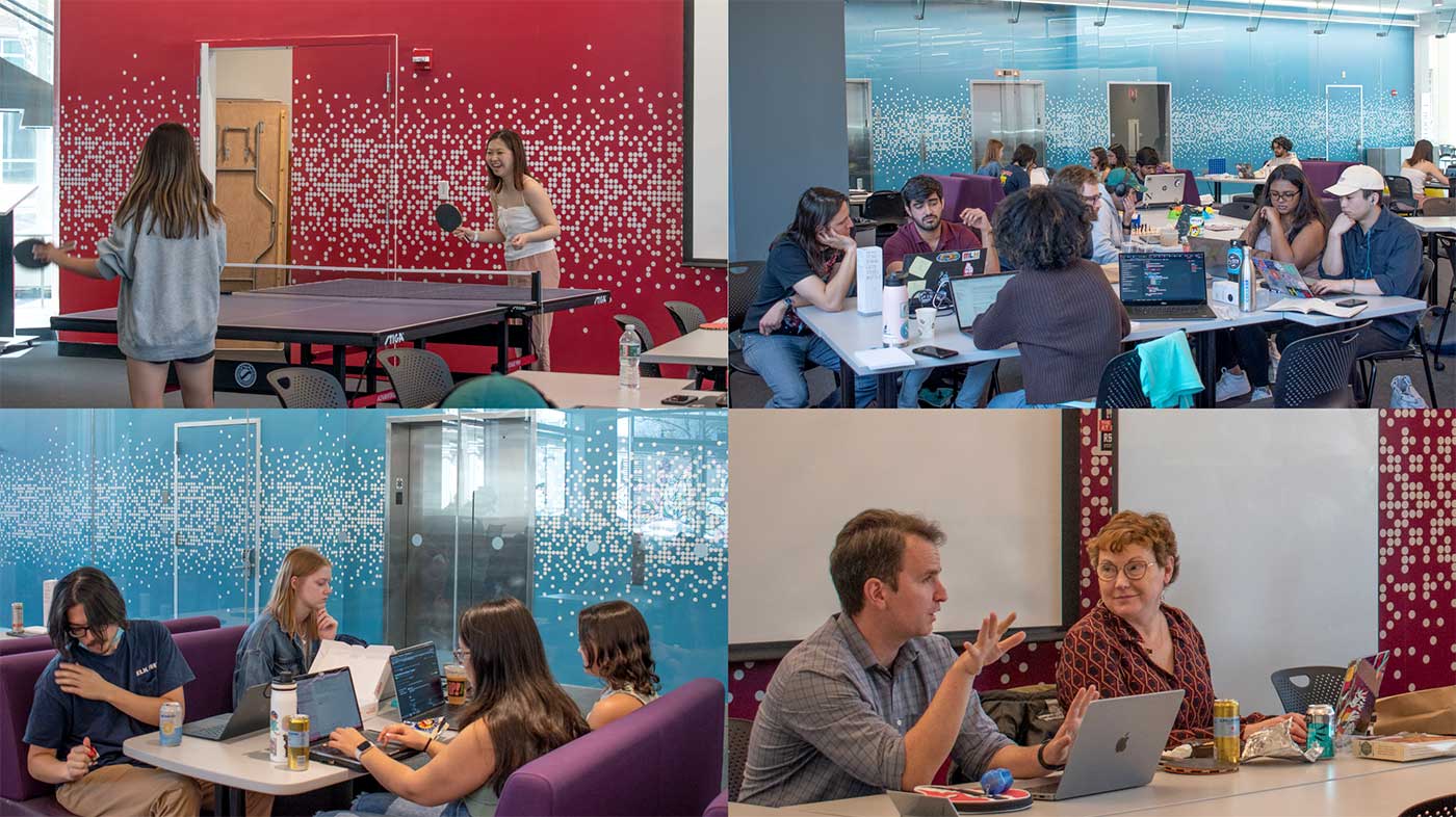 A collage of photos showing Giving Day activities in West Village H. Students are playing ping pong, working on projects, and talking with faculty