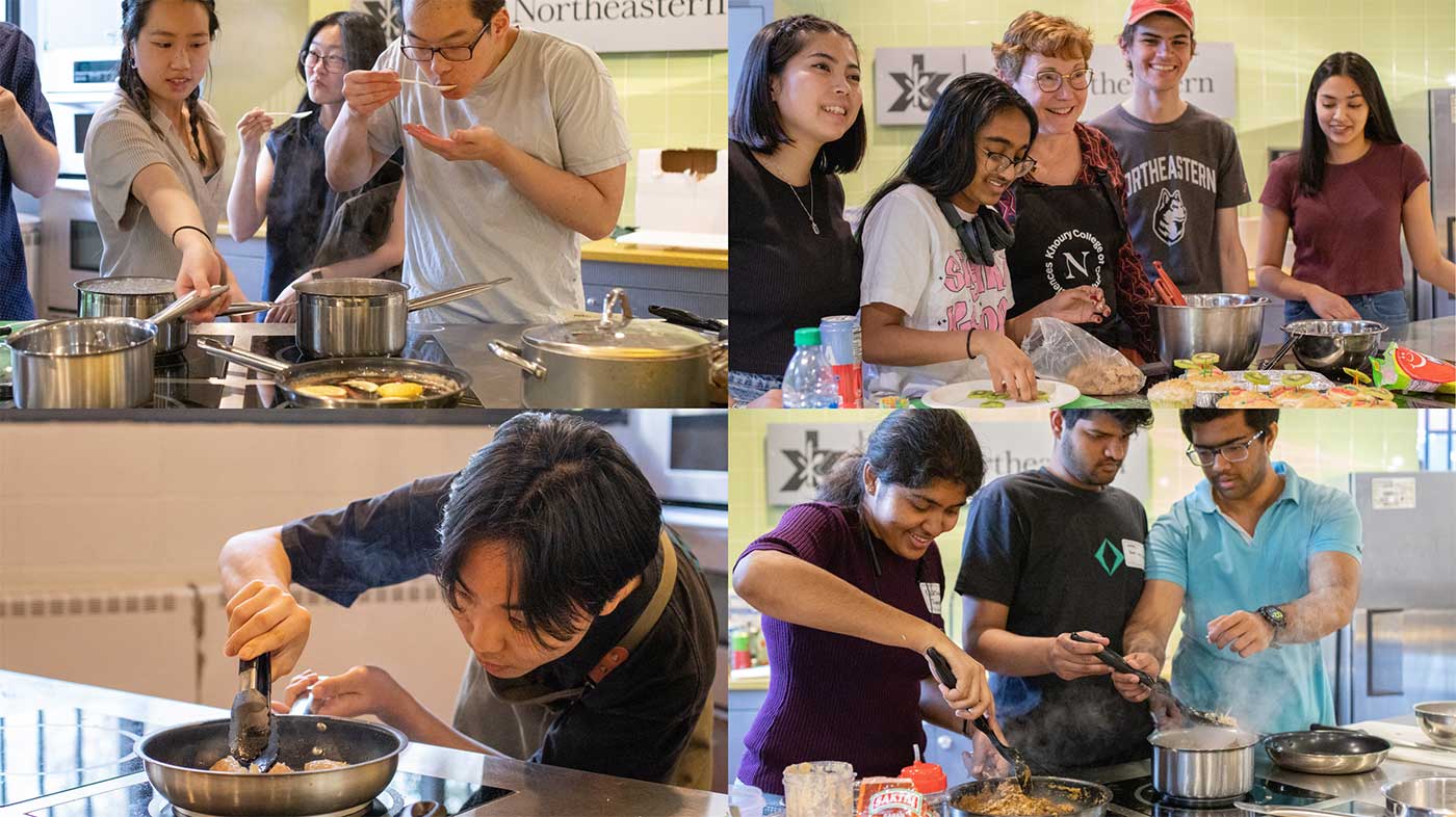 A collage of photos showing Giving Day activities in Xhibition Kitchen. Students are tasting food, cooking at the stove, and posing with Dean Elizabeth Mynatt