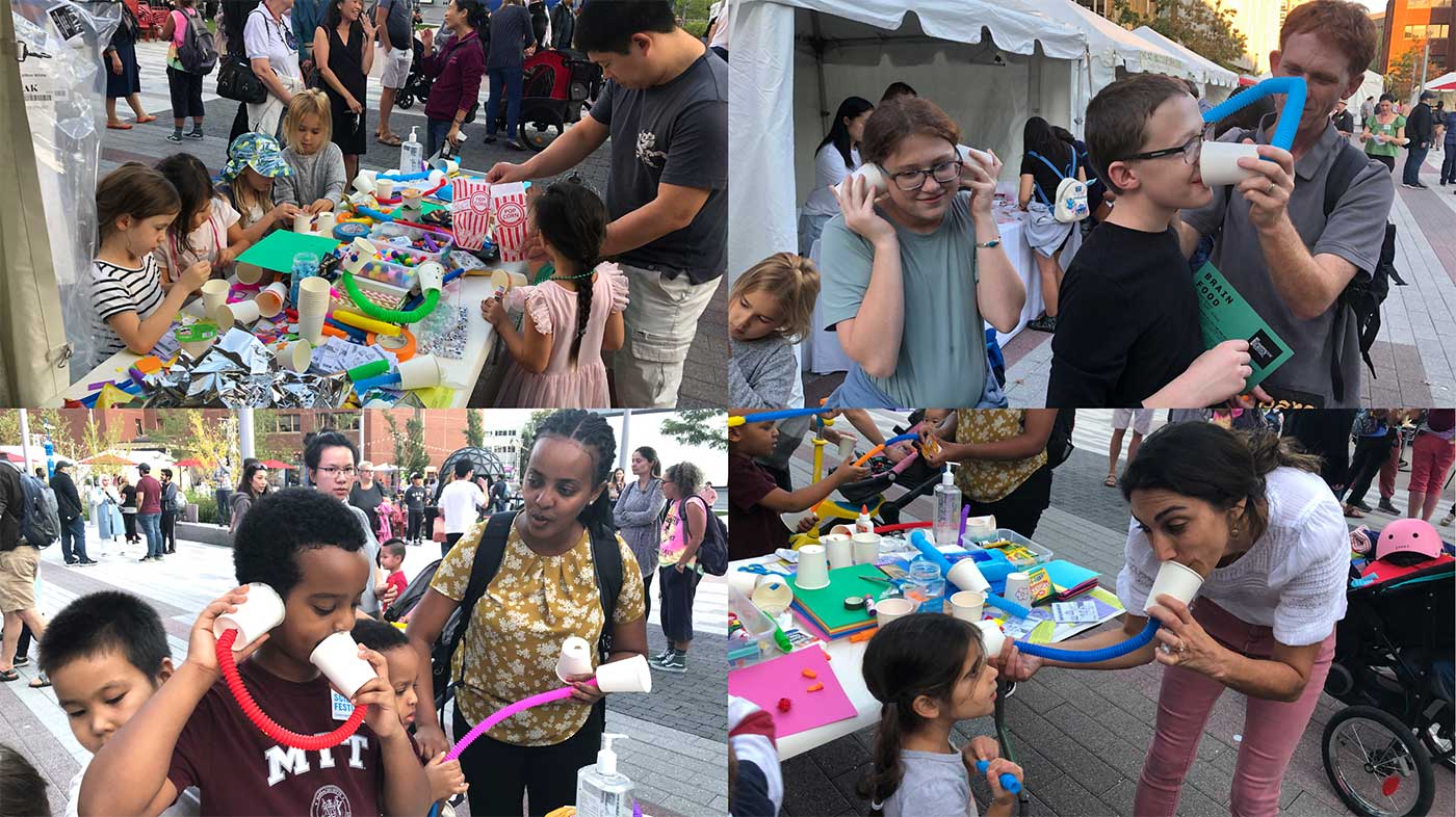 a collage of four photos showing people participating in the PLIX workshop. People of all ages are speaking into cups and listening to other speaking.