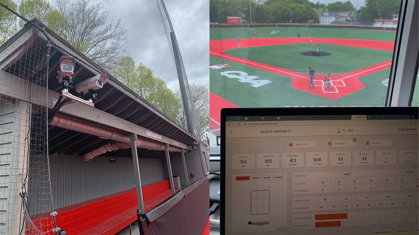 Photos showing two cameras attached to a baseball dugout and a computer screen showing baseball statistics.