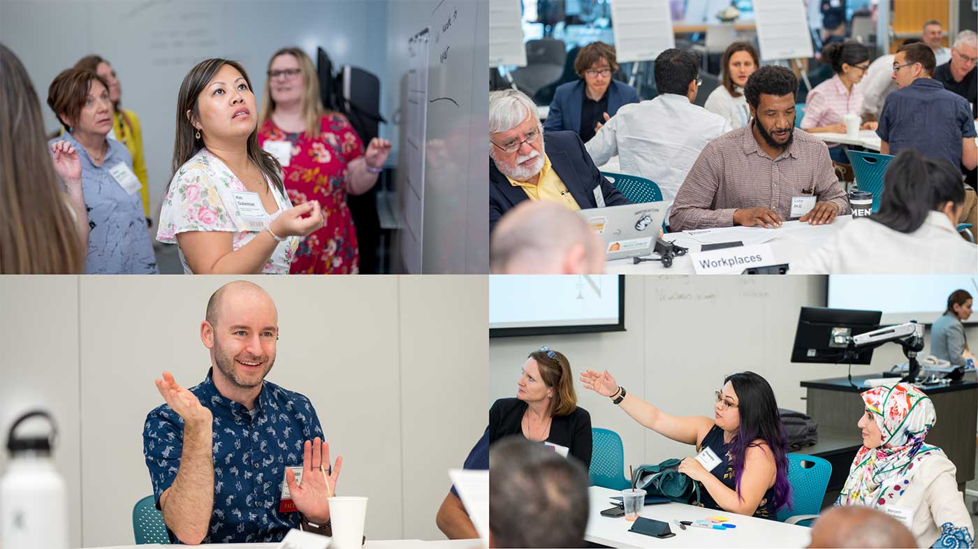 Photos from the breakout sessions (clockwise from top left): Khoury staff members write on a white board, Khoury faculty have a discussion while sitting at a table, Christo Wilson speaks to his group, a Khoury staff member gestures at a white board. Photos by Ian MacLellan.