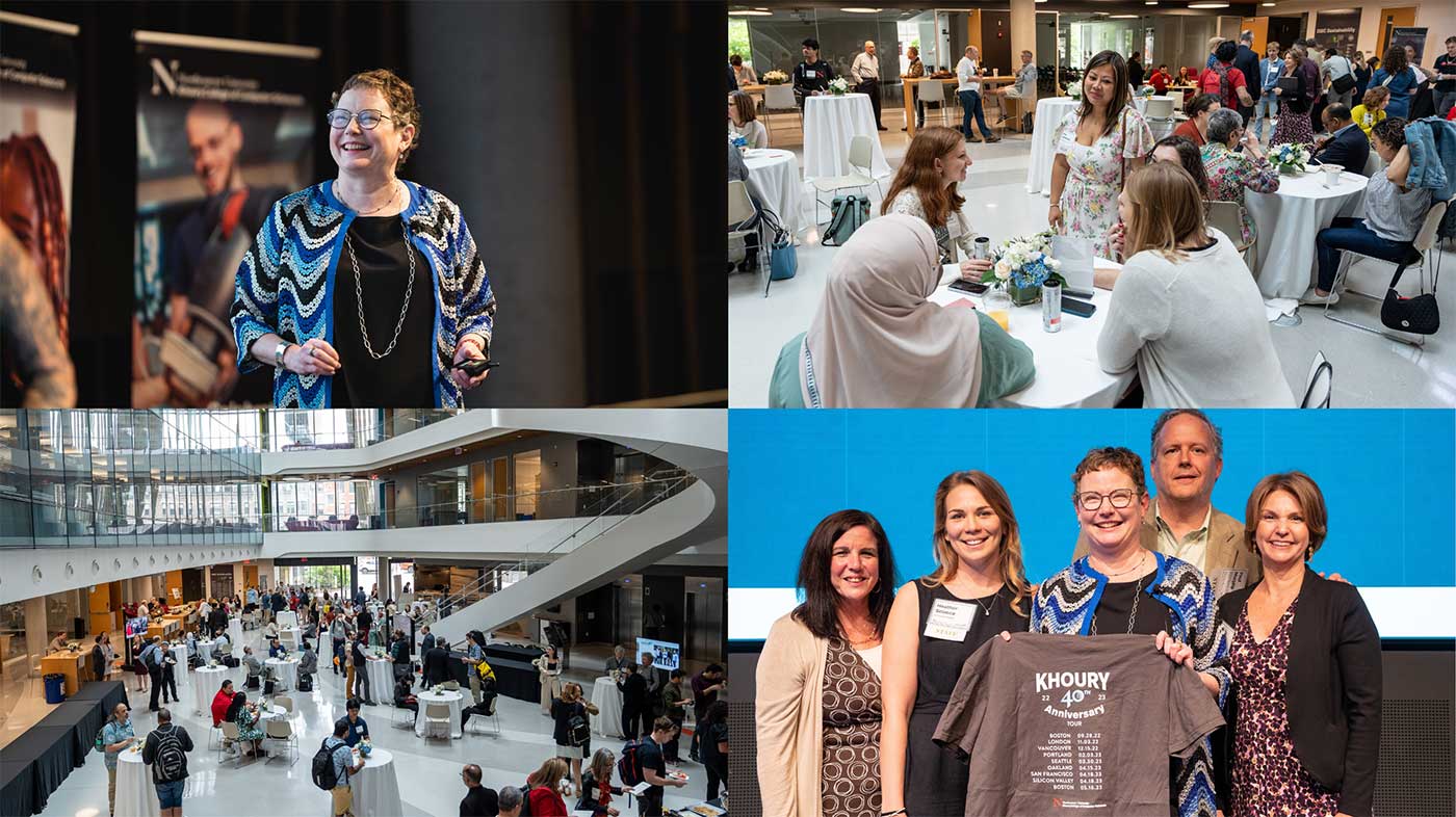 Photos from the closing plenary (clockwise from top left): Dean Beth Mynatt, Khoury staff speak to one another, Khoury staff pose with a Khoury 40th anniversary tour shirt, People mingle outside the auditorium after the event. Photos by Ian MacLellan.