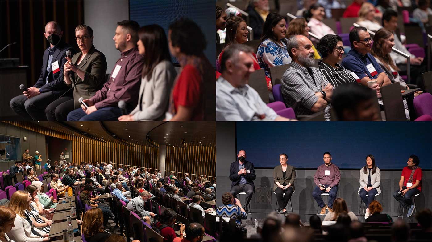 Photos from the first panel (clockwise from top left): Julia Angwin, members of the audience, a view from the back of the auditorium, the entire panel sits on stage. Photos by Ian MacLellan.