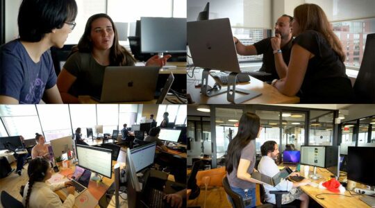 A collage of four photos showing people discussing projects while looking at computers while working at Outcomes4Me