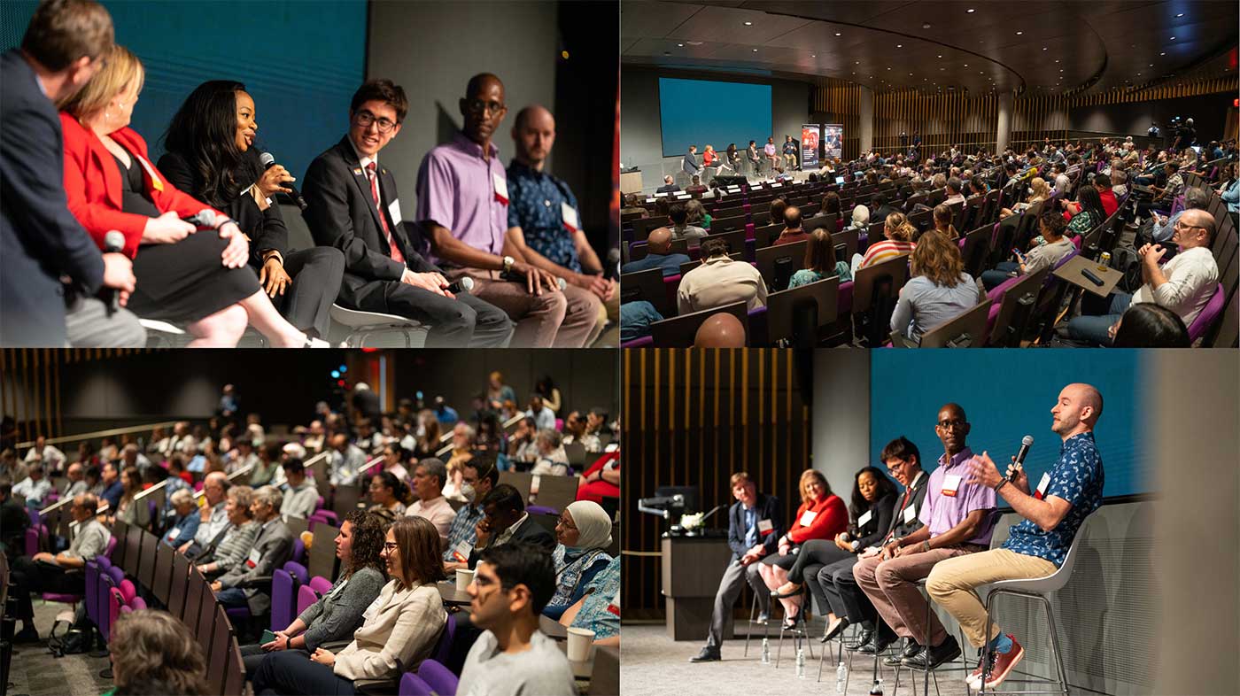 Photos from the second panel (clockwise from top left): All members of the panel sit on stage, a view from the back of the auditorium, members of the audience smile during the panel, Christo Wilson speaks on stage. Photos by Ian MacLellan.