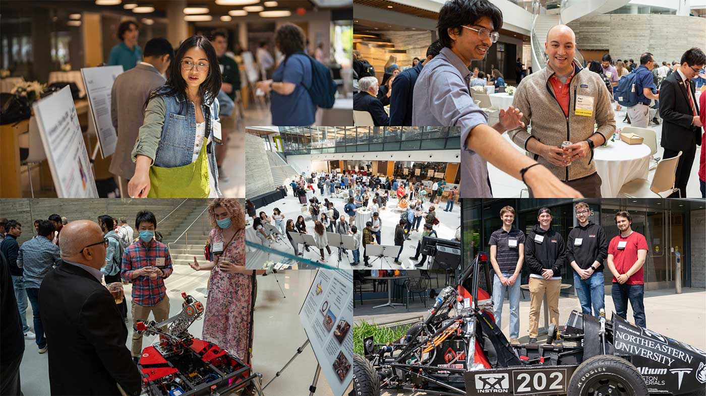 Five photos from the opening plenary (clockwise from top left): a student points at a research poster, a student explains a research project, students show a robot, students pose next to an electric car. Center: a view of all research posters. Photos by Ian MacLellan.