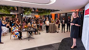 Jamie Jones Miller, dean and CEO of Northeastern’s new Arlington campus, speaks to the crowd. Photo by David Keith for Northeastern University