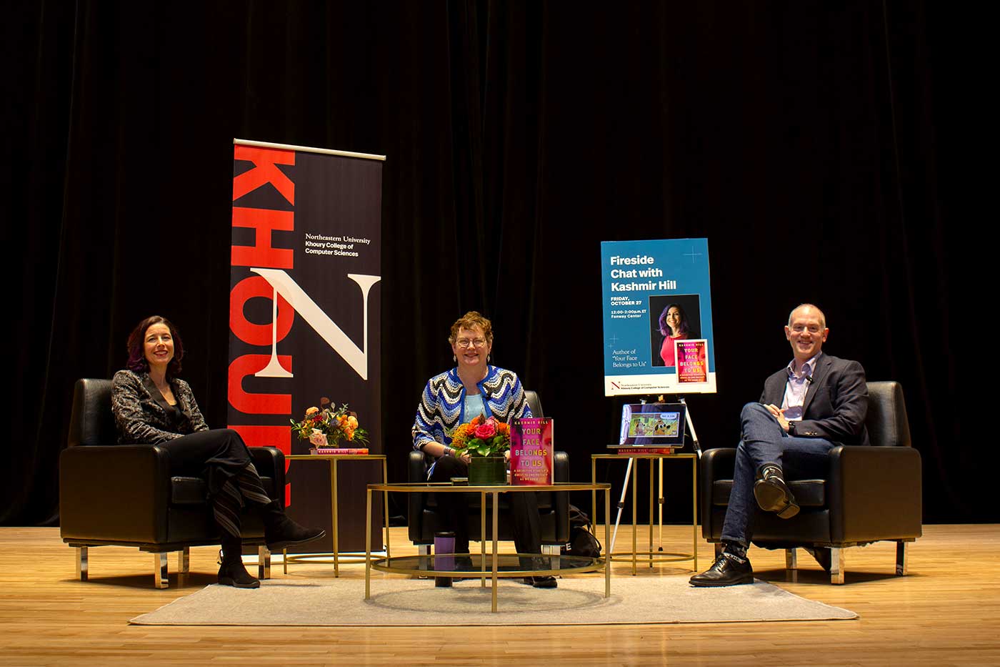 Kashmir Hill, Dean Beth Mynatt, and David Choffnes sit on the stage.