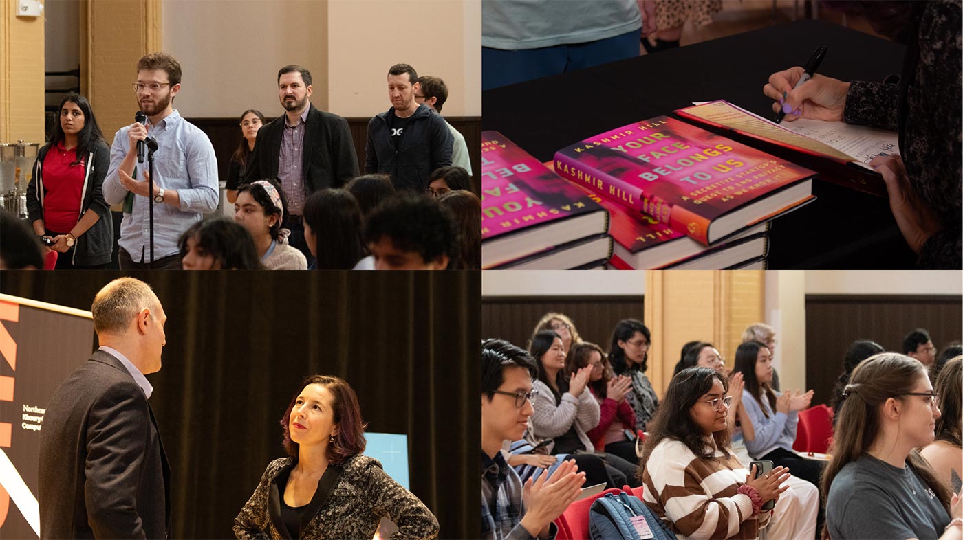 A collage of four photos from the event. Clockwise from top left: A student asks the panel a question. Kashmir Hill signs a copy of her book. Students in the audience listen to the discussion. David Choffnes speaks with Kashmir Hill.