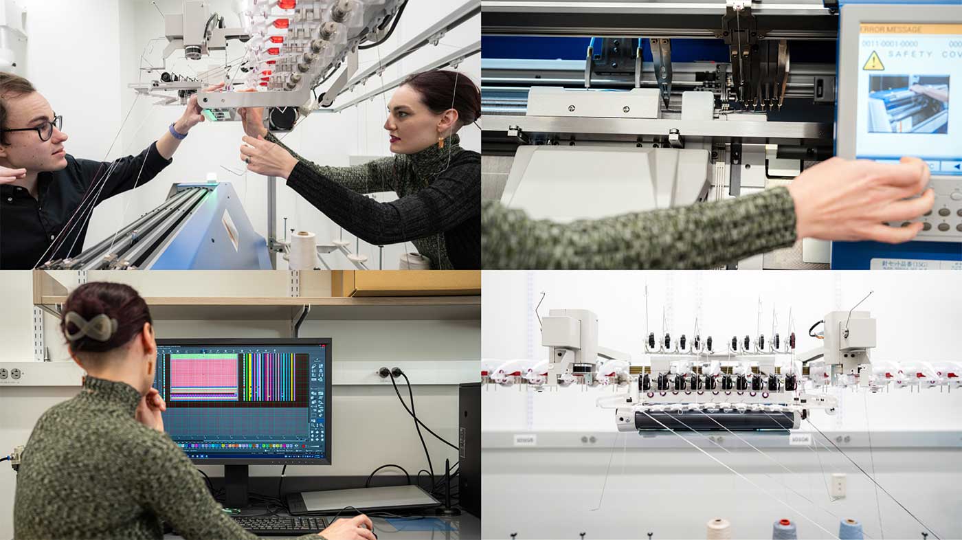 A collage of four photos showing students and Megan Hofmann working with knitting machines