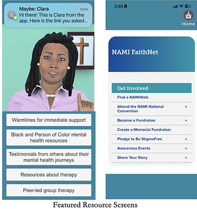 A screenshot of the ChurchConnect app that shows different screens from the app, along with a message from an avatar