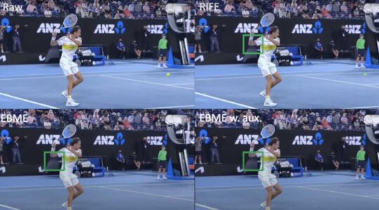 a graphic showing 4 screenshots of a tennis player swinging his racket with a green box around the player's right elbow