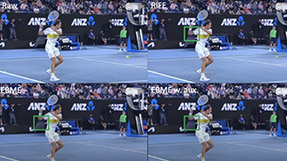 a graphic showing 4 screenshots of a tennis player swinging his racket with a green box around the player's right elbow