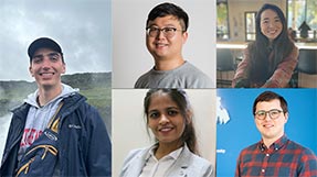 a collage of Khoury graduates (clockwise from left: Nicholas Selvitelli, Tianyi Zhang, Jie Zhang, Philip Mathieu, and Niyati Khandelwal)