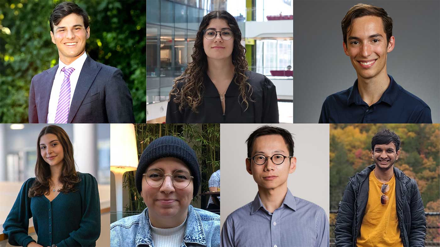 a collage of Khoury graduates (clockwise from left: Garrett Michiels, Nadine AlMuasher, William Cutler, Chaitanya Gokhale, Zhiyuan (David) Yang, Cecilia Lopez, and Sara Takhim)