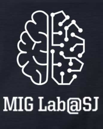 The logo of the MIG Lab club. The logo has a black background with white letters, along with a drawing that appears to show a part of the brain on the left and a series of straight lines connecting dots on the right.