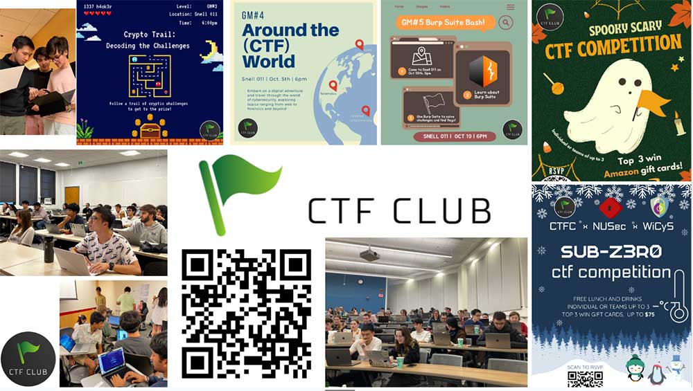 A collection of images displaying work from the CTF club's portofolio, including a posters from events and a QR code