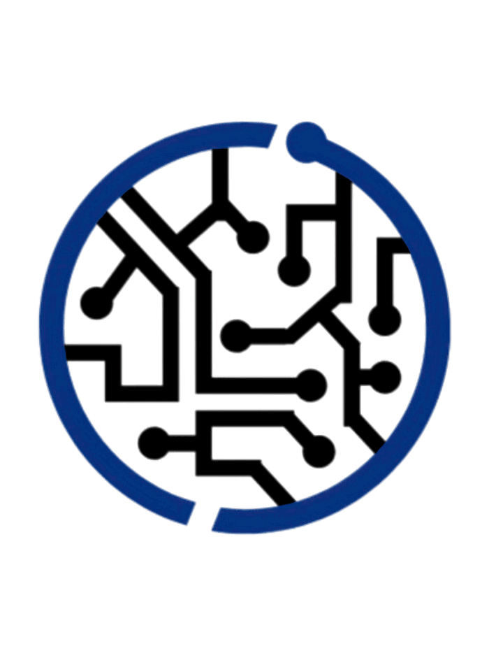 The logo of the Artificial Intelligence club, which shows a blue circle with black lines resembling the circuits on a microchip appearing inside the circle