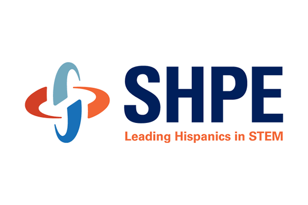 The logo of the Society for HIspanic Professional Engineers, which has the letters SHPE in navy blue, and the slogan Leading Hispanics in STEM in orange letters under SHPE